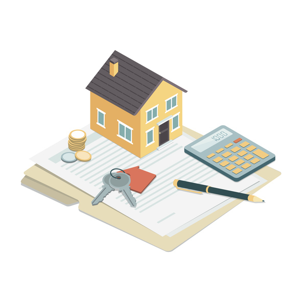 An illustration featuring a miniature house model on a document, with coins, keys, a calculator, and a pen.