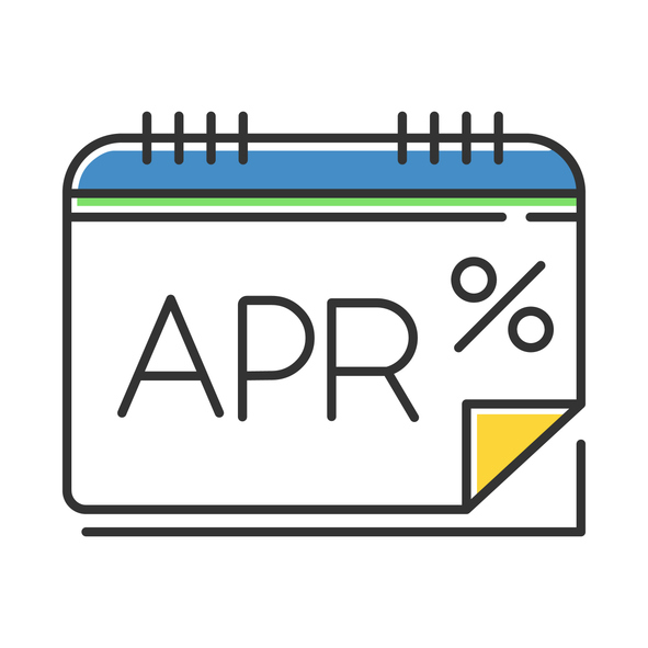 A design icon of a calendar with the letters "APR" and a percentage symbol, tyrepresenting the Annual Percentage Rate for financial products.