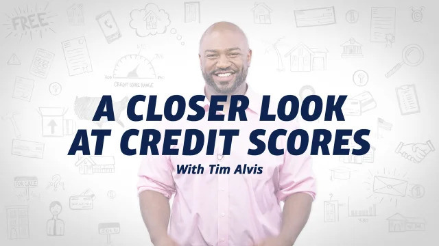 Smiling man in a pink shirt with text 'A Closer Look at Credit Scores with Tim Alvis' over a white background with financial icons.