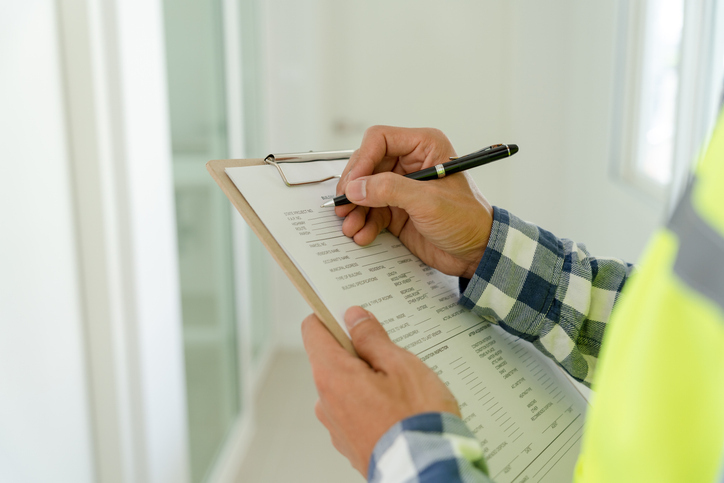 A close-up of a person in a plaid shirt and safety vest holding a pen and clipboard, checking a list during a home appraisal.