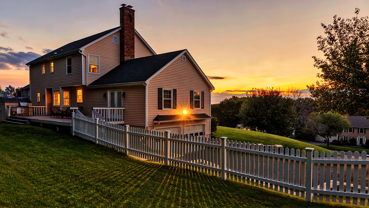 Upscale home at sunset.