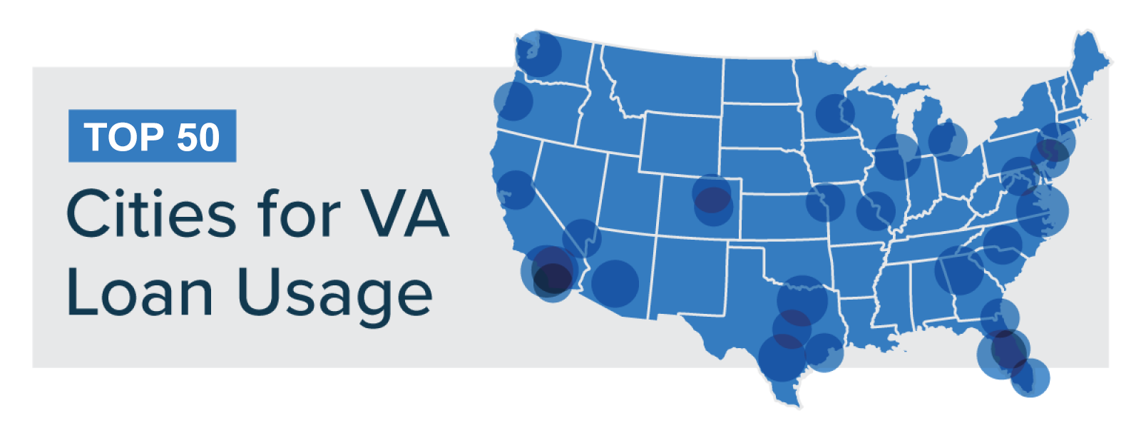 Map of U.S. with circles showing the best cities to use VA loans.