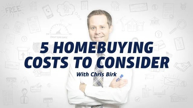 Smiling man in a white shirt and tie with text '5 Homebuying Costs to Consider with Chris Birk' over a white background with financial icons.