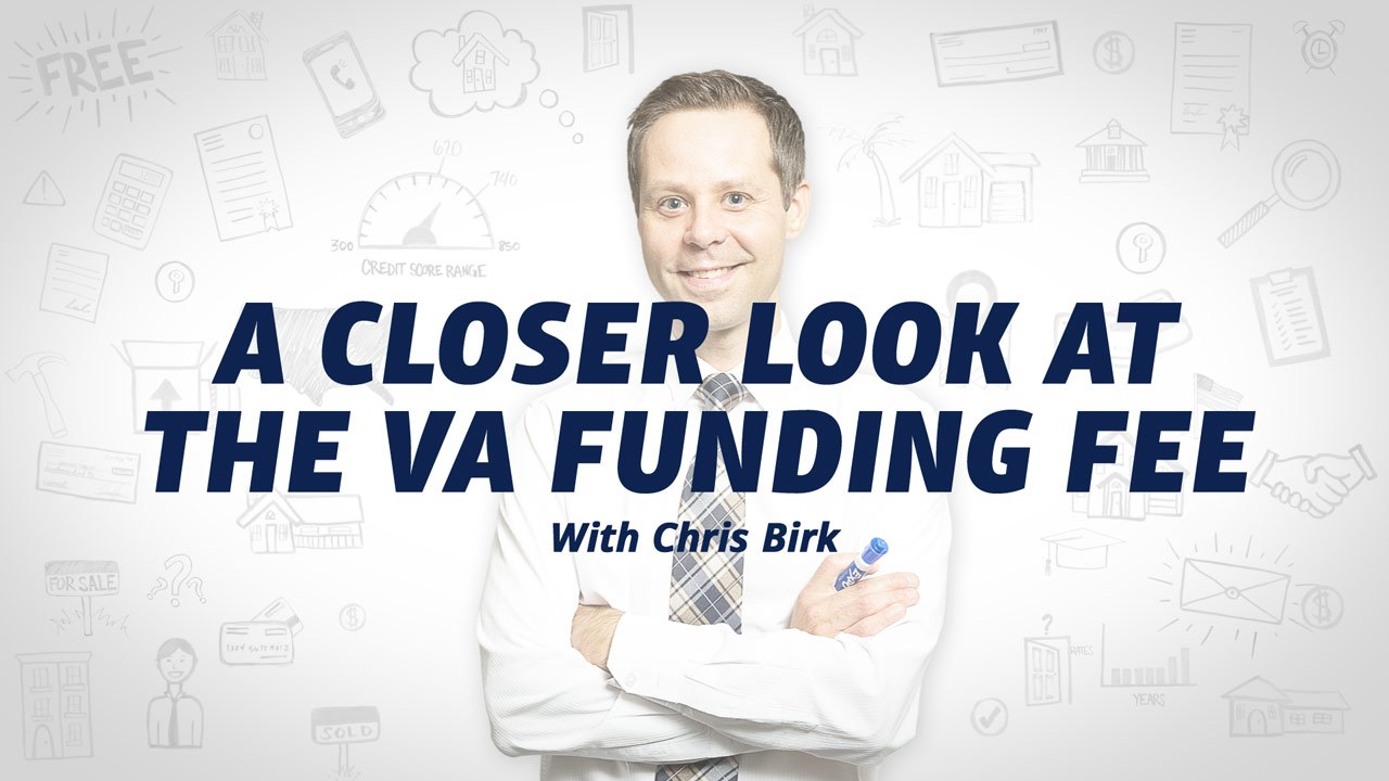 Smiling man in a white shirt and tie with text 'A Closer Look at the VA Funding Fee with Chris Birk' over a white background with financial icons.